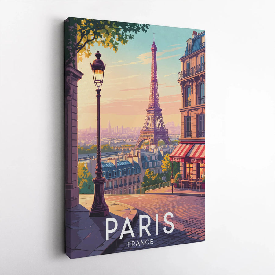 Paris Travel Poster Canvas | Eiffel Tower Street View Art | Premium 1.25-Inch Gallery Wrap | Vintage European City Decor Gift