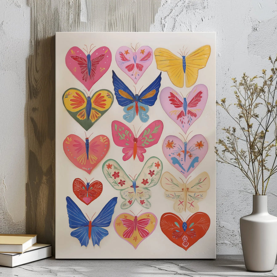 Butterfly Heart Wall Art | Colorful Folk Art Style Canvas Print | Gallery Wrap 1.25 Inch Thick | Whimsical Nursery or Living Room Decor Gift