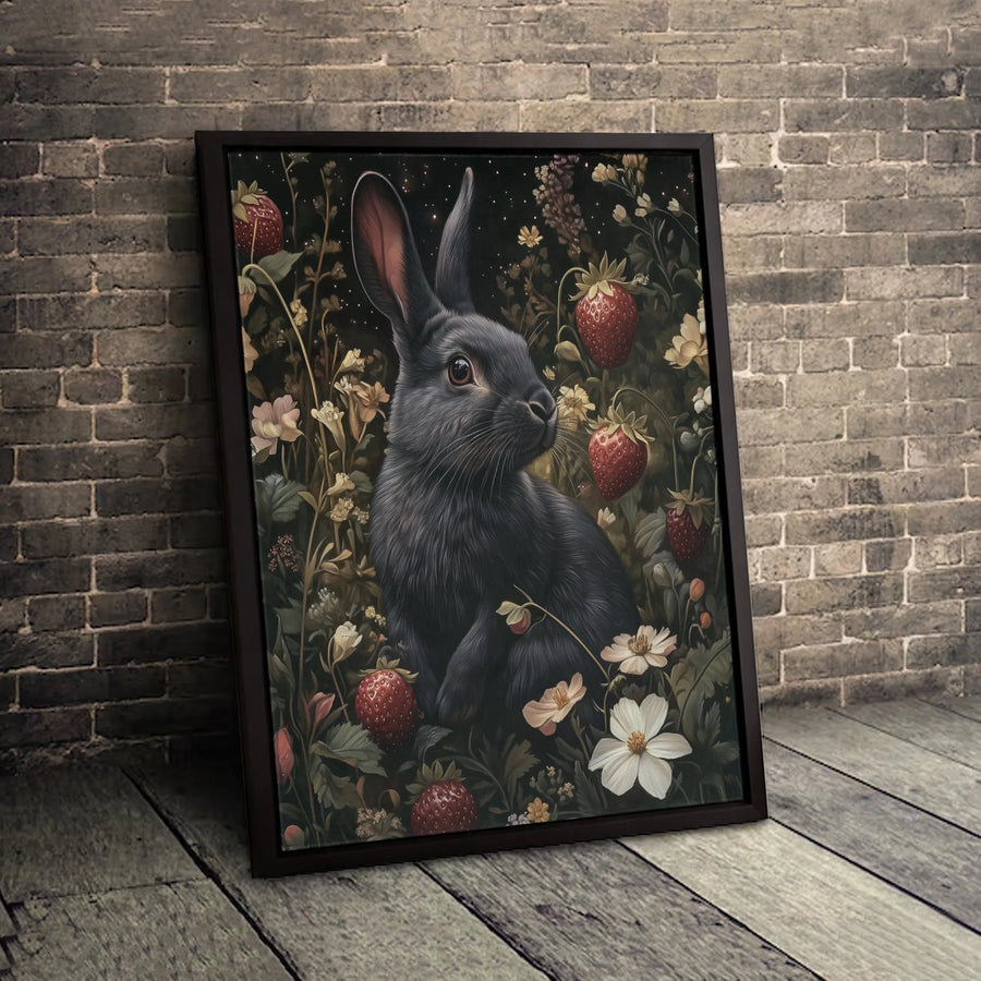 Black Rabbit Wall Art | Whimsical Strawberry Garden Illustration | Gallery Quality Framed Canvas | Cottagecore Aesthetic Home Decor Gift