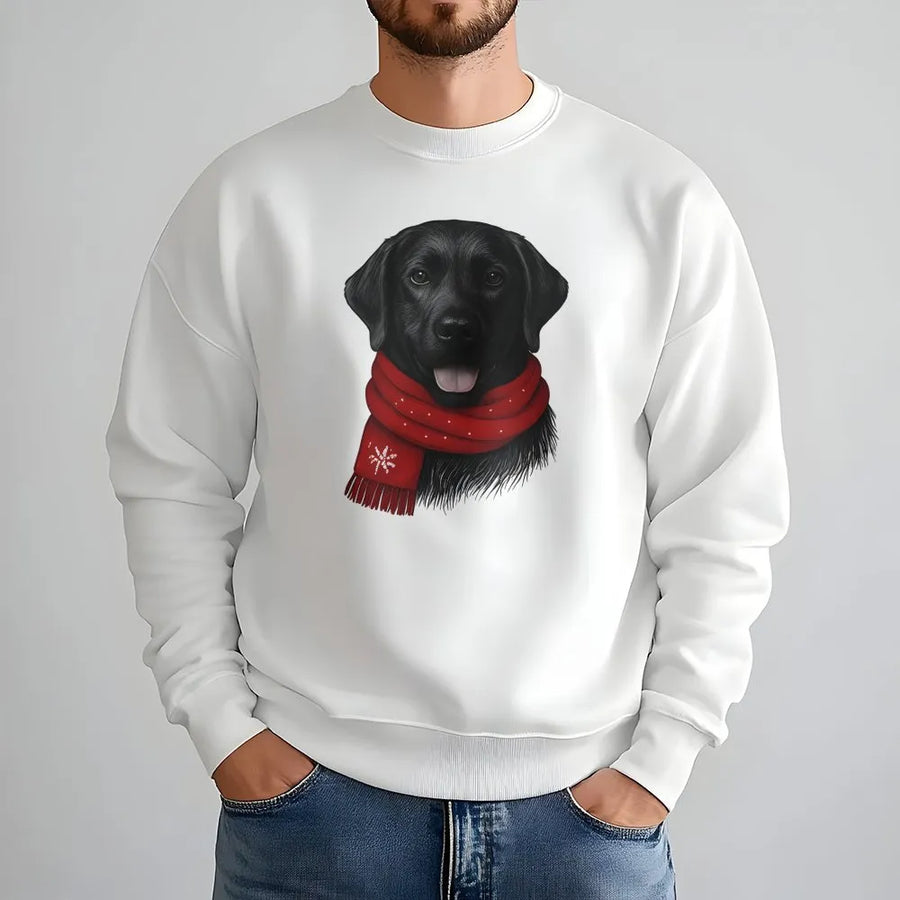 Black Labrador Christmas Sweatshirt | Festive Dog Wearing Red Scarf | Premium Cotton Blend Crewneck | Cute Holiday Gift for Dog Lovers
