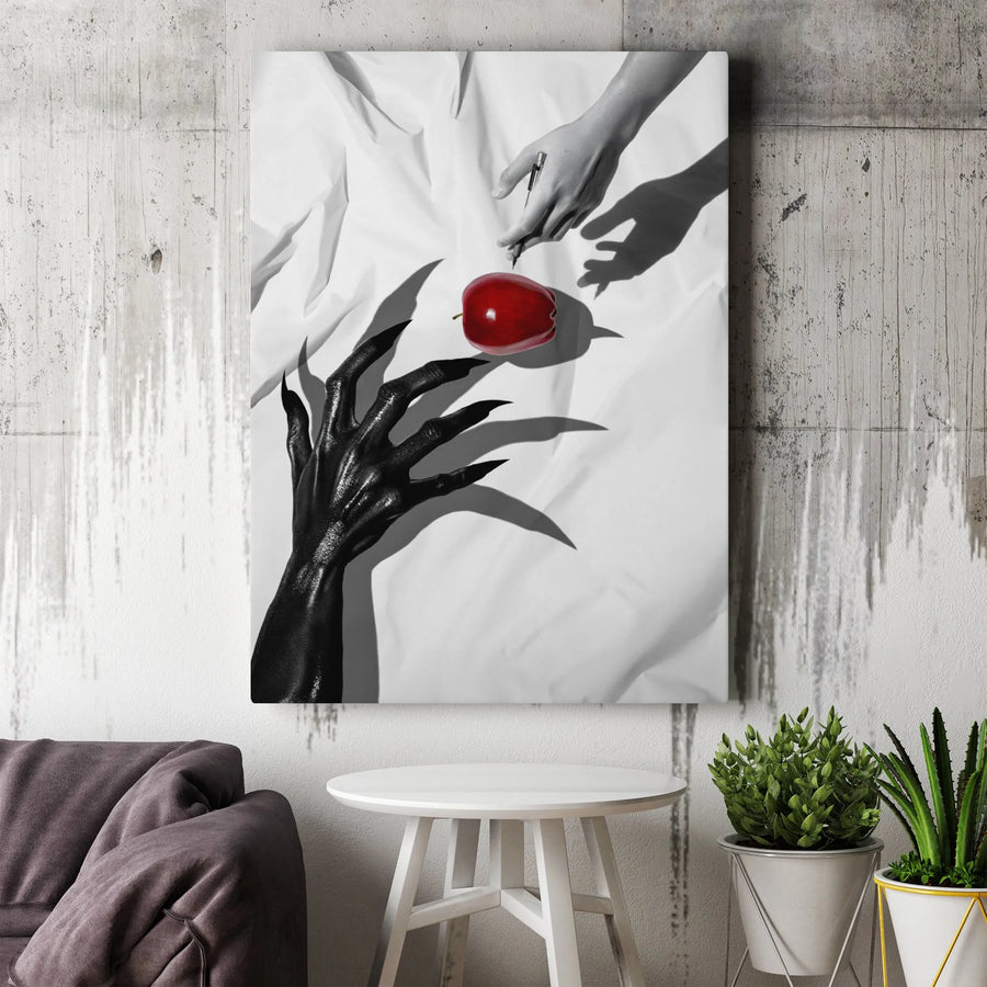 Surrealist Wall Art | Demonic Claw and Human Hand Red Apple Canvas | Premium Gallery Wrap Decor | Dark Gothic Home Office Gift