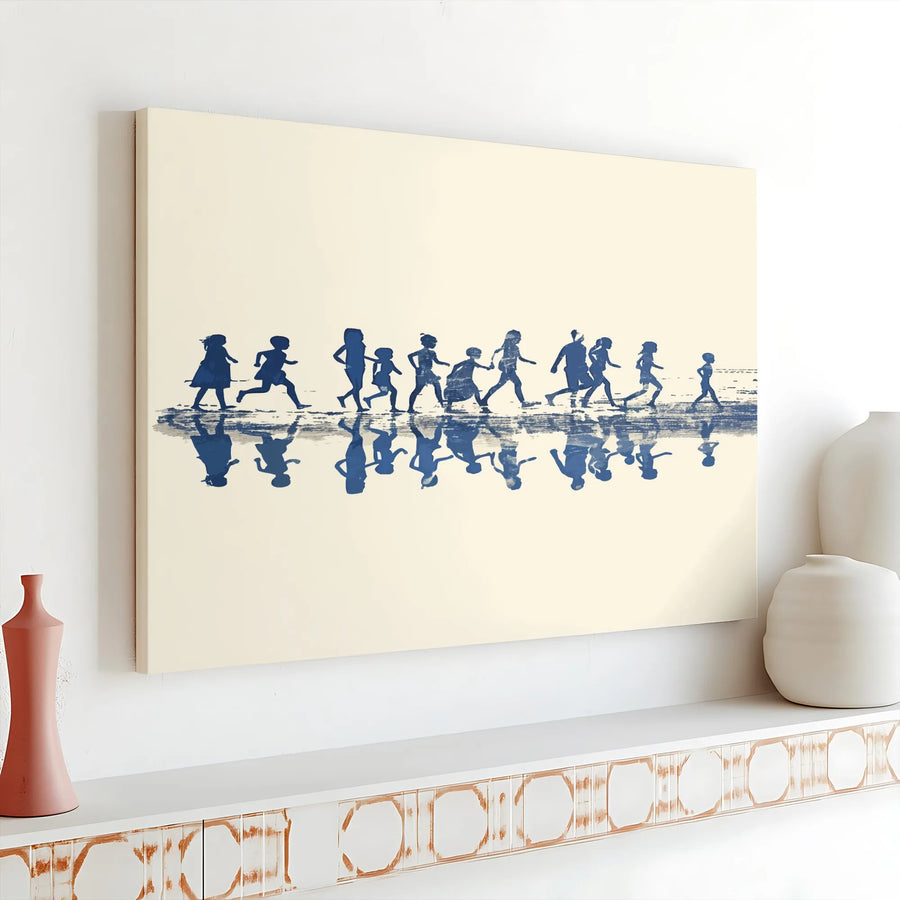 Children Silhouette Canvas Art | Minimalist Kids with Reflection Print | Premium Gallery-Wrapped Wall Decor | Nursery & Playroom Gift