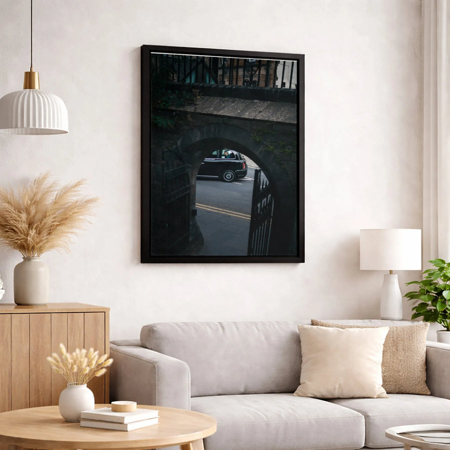 London Taxi Cab Canvas Wall Art | Moody Stone Archway Photography | 1.25 Inch Gallery Wrap | Urban Travel Decor For Office