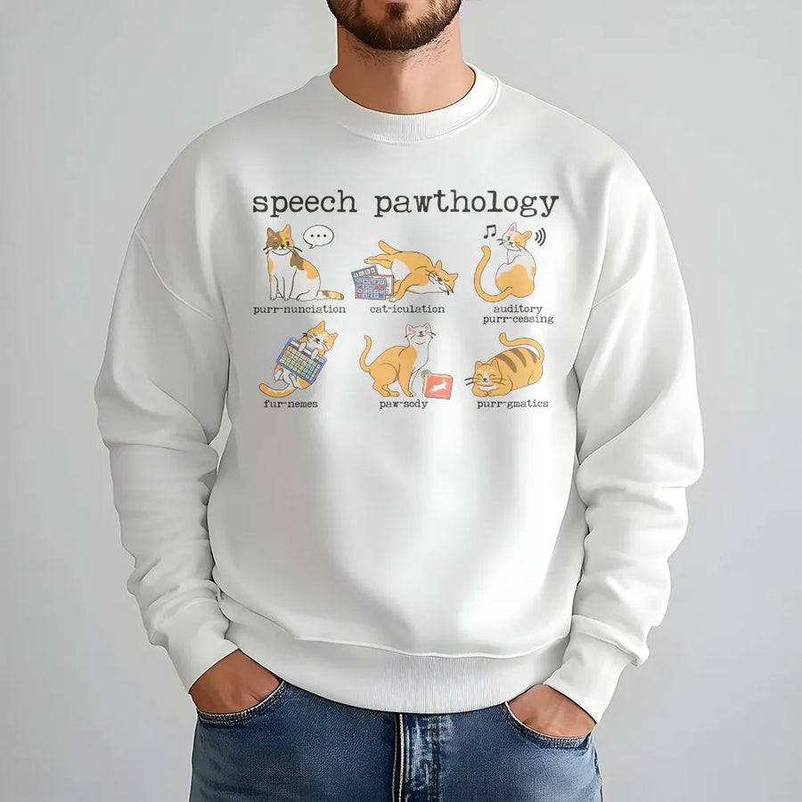 Speech Pathology Cat Sweatshirt | Funny Speech Therapist Gift | Soft Cotton Blend Crewneck | SLP Language Pathologist Apparel