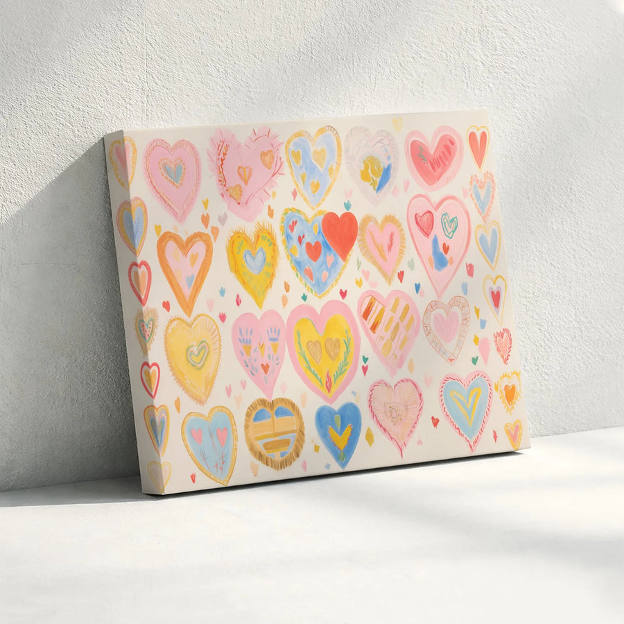 Colorful Hearts Canvas Wall Art | Whimsical Hand-Drawn Pattern | Premium Gallery-Wrapped Print | Romantic Nursery or Bedroom Decor Gift