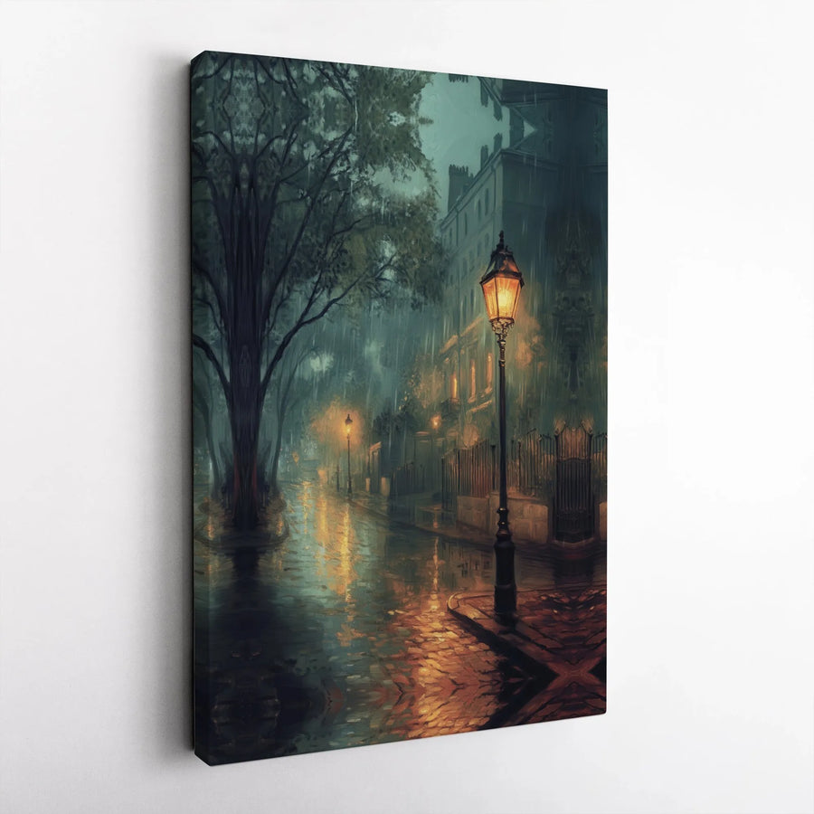 Rainy Street Canvas Wall Art | Moody Urban Night Cityscape | Gallery Wrapped Premium Print | Atmospheric Home Decor Gift
