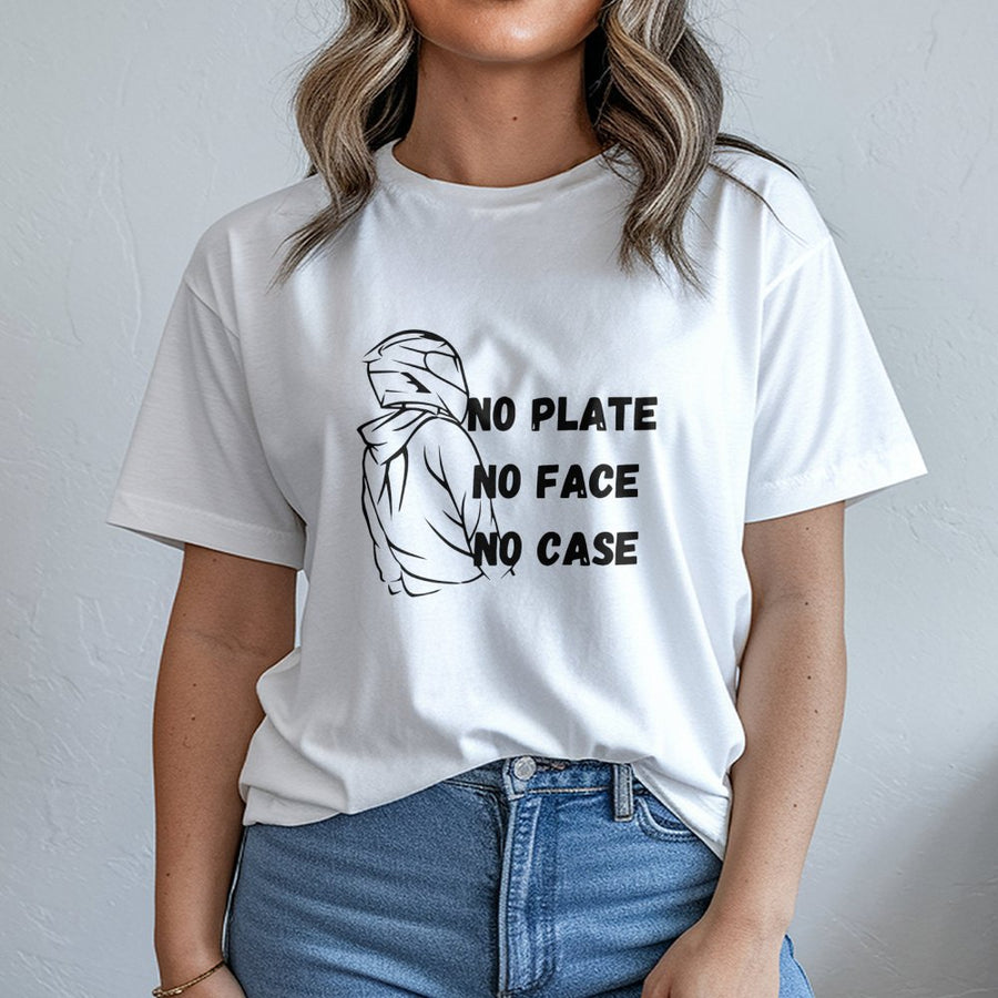 No Plate No Face No Case T-Shirt | Motorcycle Helmet Graphic Design | 100% Cotton Premium Apparel | Gift For Biker Rider Enthusiast