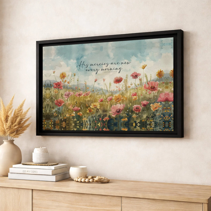 His Mercies Are New Every Morning Wall Art | Wildflower Watercolor Print | Premium Gallery Wrap Canvas | Christian Home Decor Gift