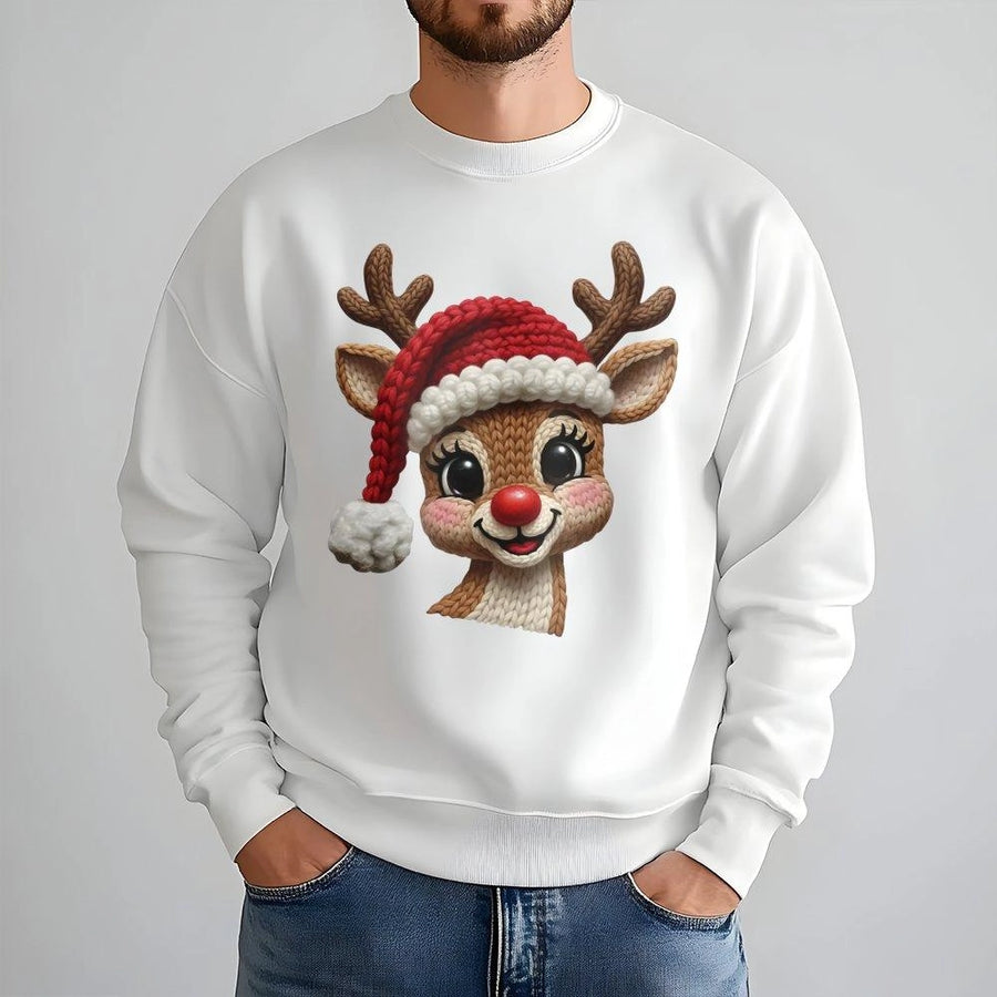 Reindeer Christmas Sweatshirt | Cute Faux Knit Red Nose Reindeer Print | Soft Cotton Blend Unisex Pullover | Festive Holiday Gift For Her