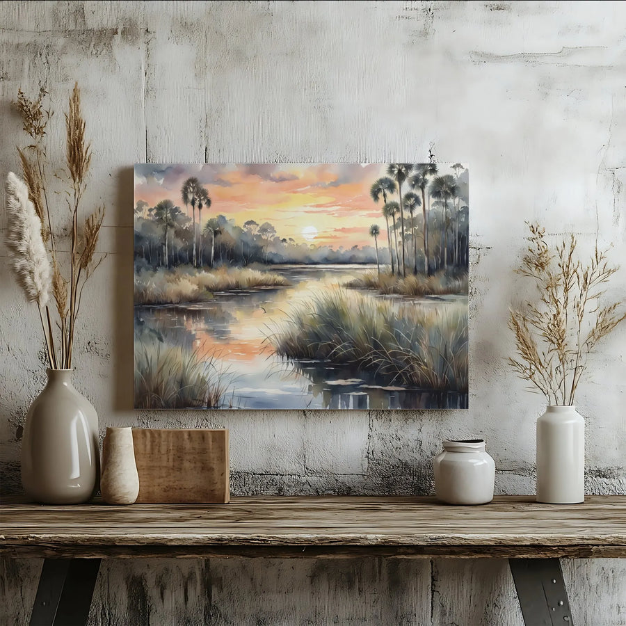 Florida Marsh Sunset Canvas Art | Coastal Palm Tree Watercolor Landscape | Premium 1.25" Gallery Wrap | Ready to Hang Tropical Home Decor