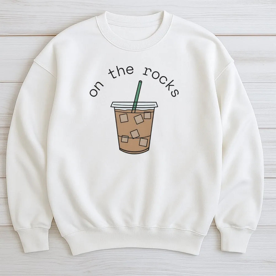 Iced Coffee Sweatshirt | Funny On The Rocks Graphic Pullover | Soft Cotton Blend | Gift for Coffee Lover Barista