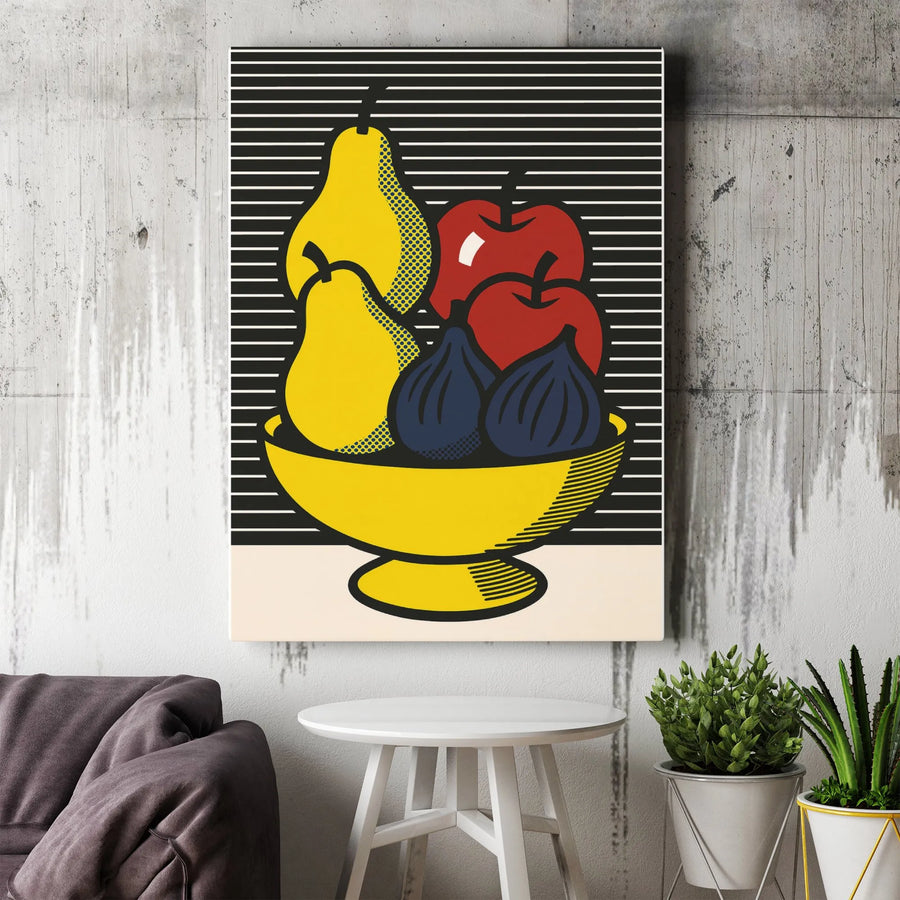 Pop Art Fruit Bowl Canvas Print | Mid Century Modern Still Life Decor | Premium Gallery Wrapped Wall Art | Kitchen Dining Room Gift Idea