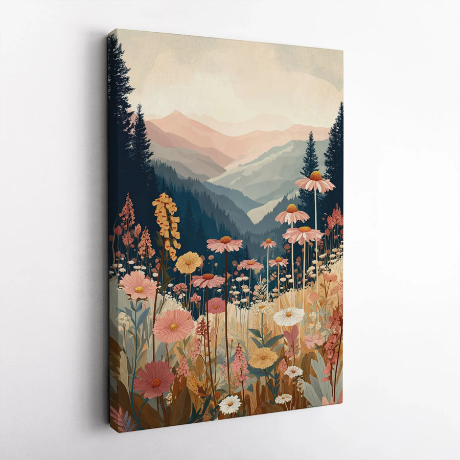 Boho Mountain Meadow Canvas Art | Wildflower Landscape with Pine Trees | Premium Fade-Resistant Print | Wall Decor for Home and Office