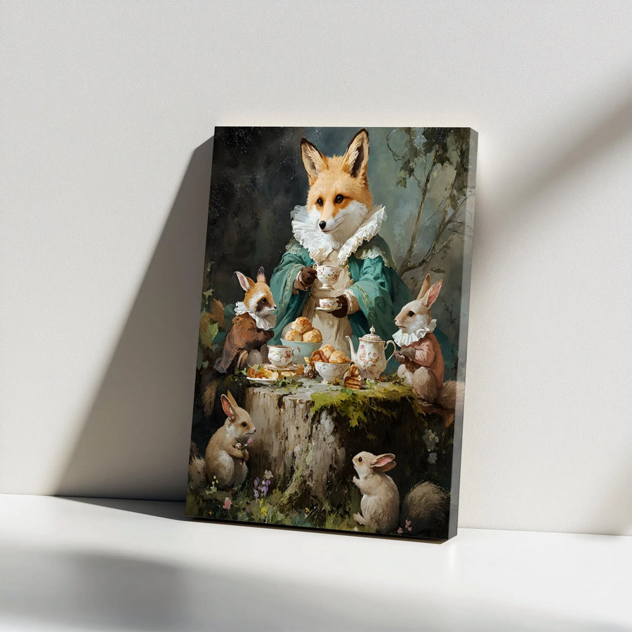 Anthropomorphic Fox Tea Party Canvas Print | Vintage Woodland Animal Nursery Decor | Gallery Wrap Wall Art | Whimsical Cottagecore Gift for Kids