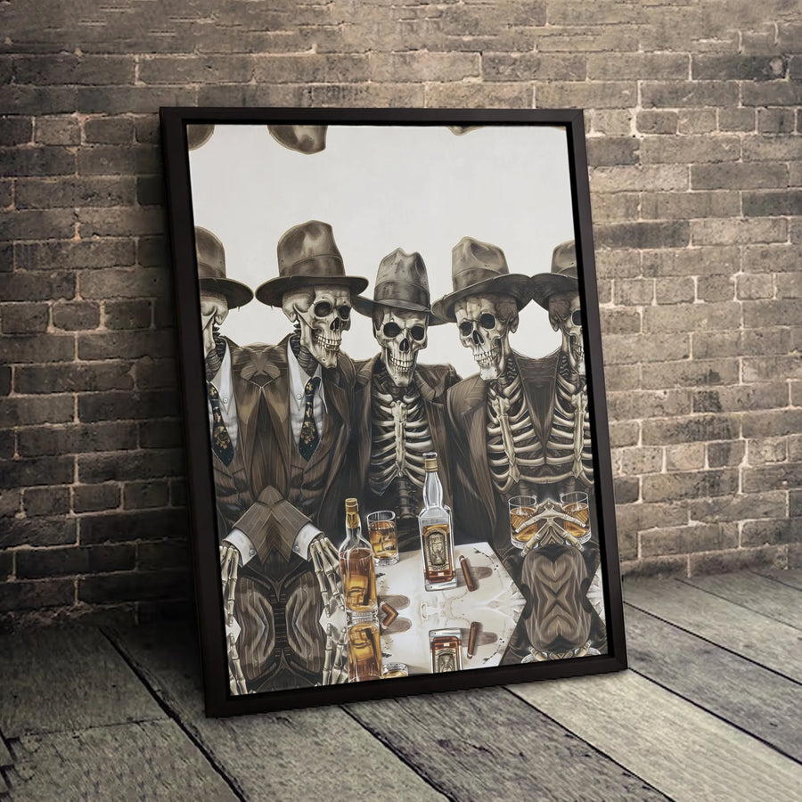 Gangster Skeleton Wall Art | Poker Night Whiskey Drinkers | Premium Gallery Canvas | Unique Man Cave Decor Gift