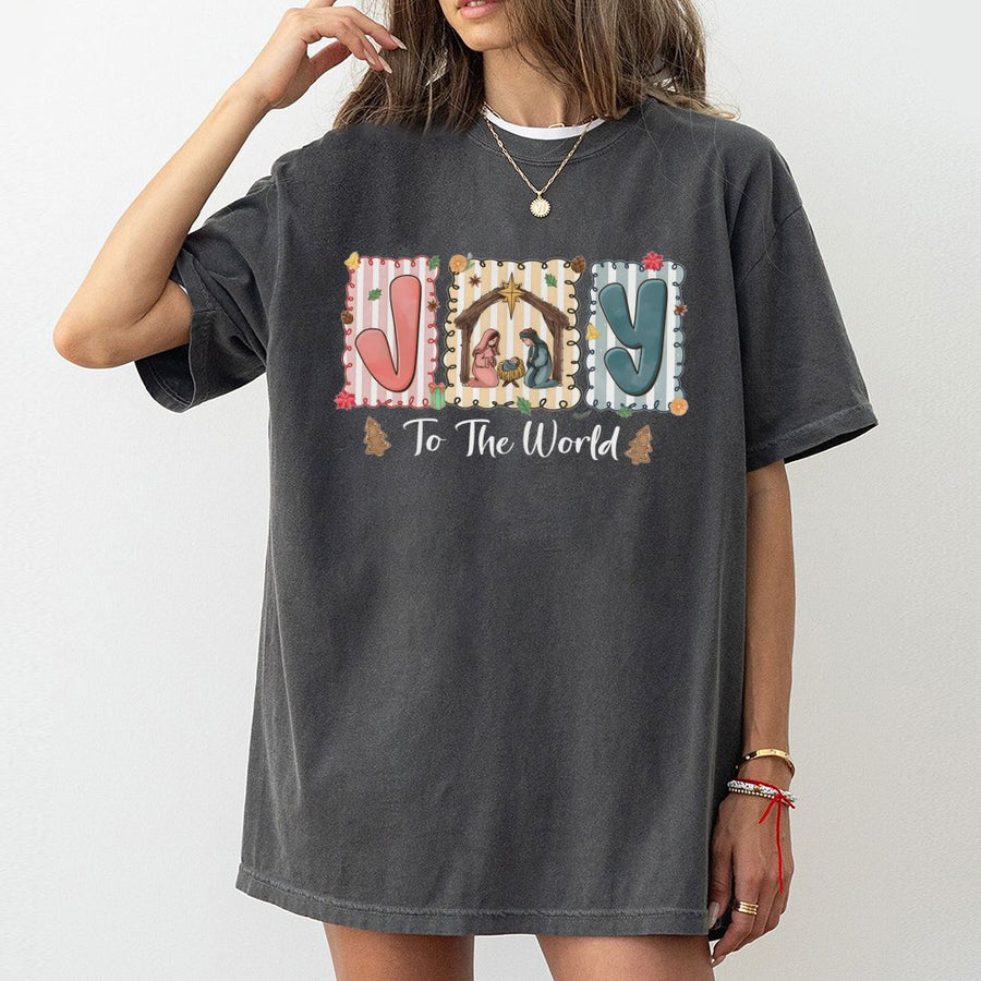 Joy To The World T-Shirt | Christian Nativity Christmas Graphic | Premium 100% Cotton Tee | Religious Holiday Gift For Men And Women