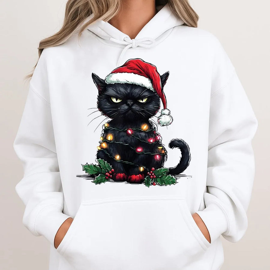Grumpy Black Cat Christmas Hoodie | Funny Santa Kitten Festive Graphic | Premium Cotton Blend | Gift for Cat Lovers & Holiday Enthusiasts