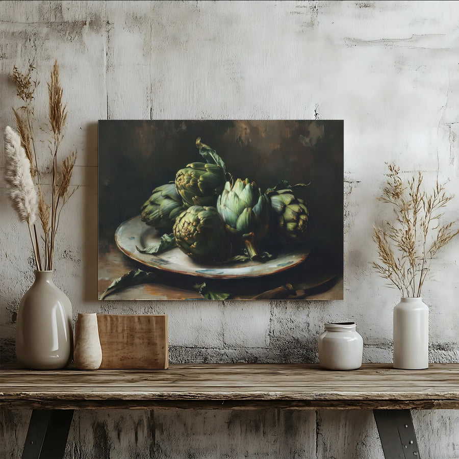 Artichoke Still Life Canvas Print | Vintage Oil Painting Style Kitchen Decor | Gallery-Wrapped Premium Canvas | Rustic Food Art for Dining Room