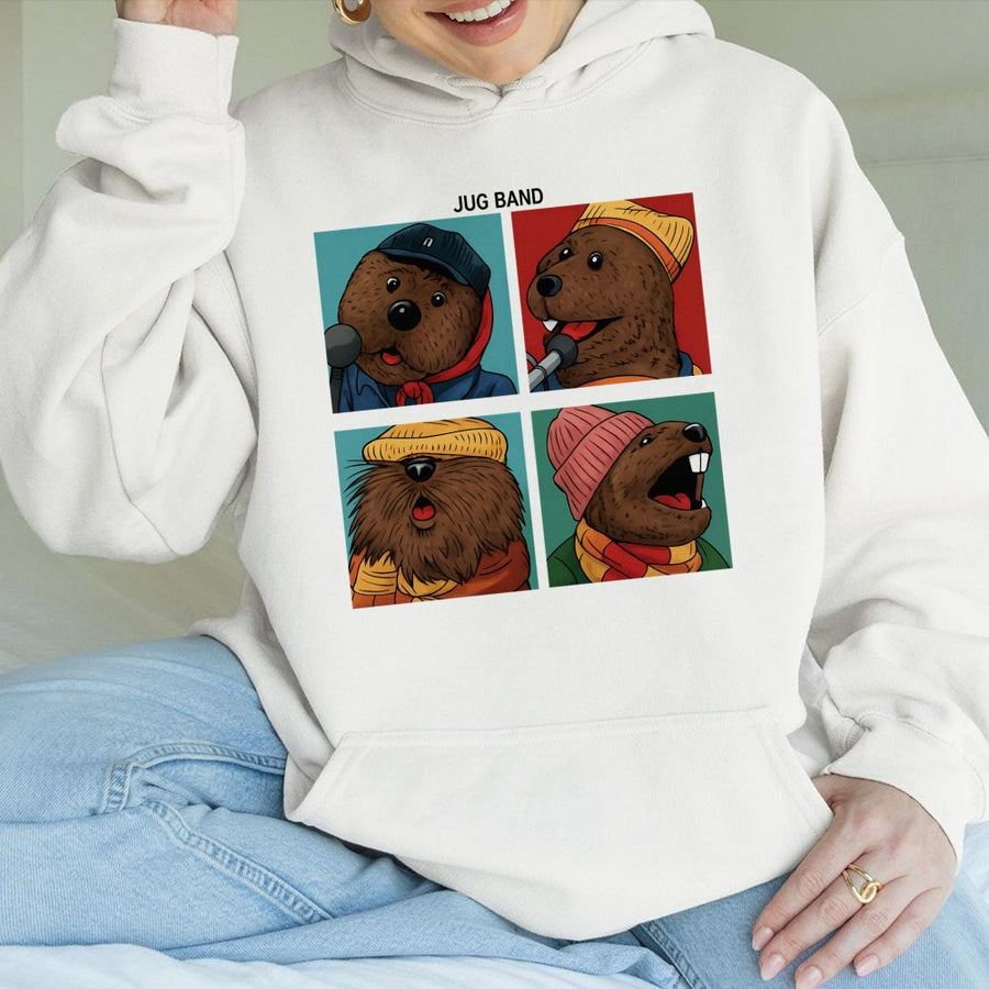 Jug Band Hoodie | Retro Cartoon Animal Quartet Graphic | Premium Cotton Blend Unisex Sweatshirt | Funny Music Lover Gift For Musicians