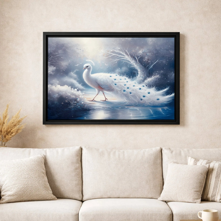 White Peacock Wall Art | Mystical Winter Forest Canvas Print | Premium Fade-Resistant Gallery Wrap | Elegant Nature Home Decor Gift