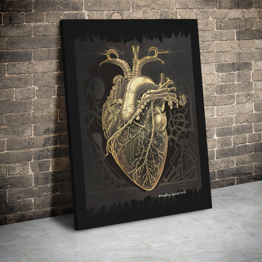 Steampunk Anatomical Heart Canvas Wall Art | Golden Medical Illustration Print | Premium 1.25" Gallery Wrap | Science Decor for Doctor Office