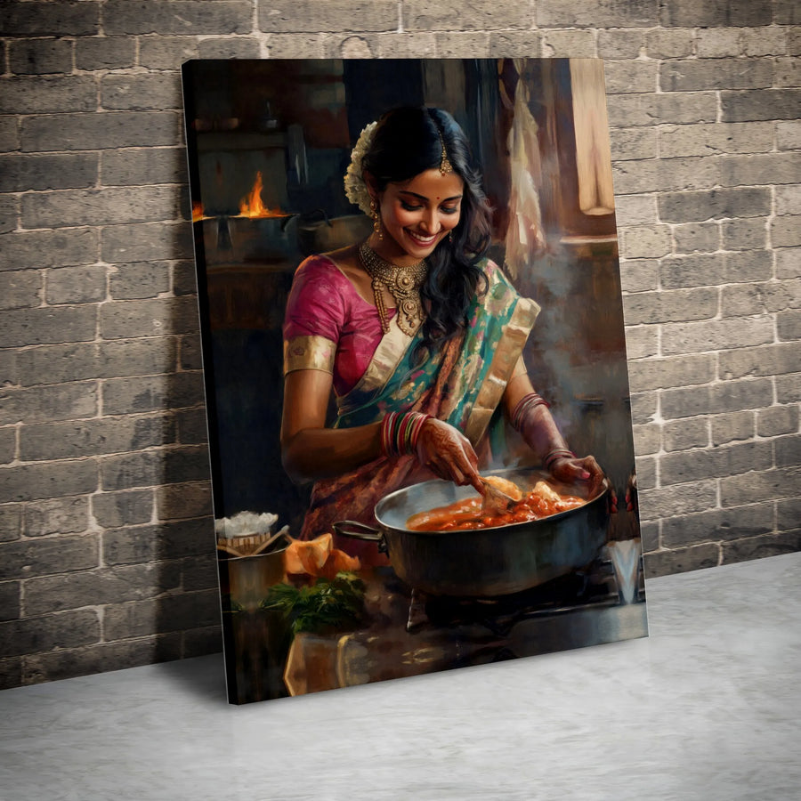 Indian Woman Cooking Canvas Wall Art | Traditional Kitchen Oil Painting Style | Premium High-Resolution Print | Cultural Kitchen & Home Decor Gift