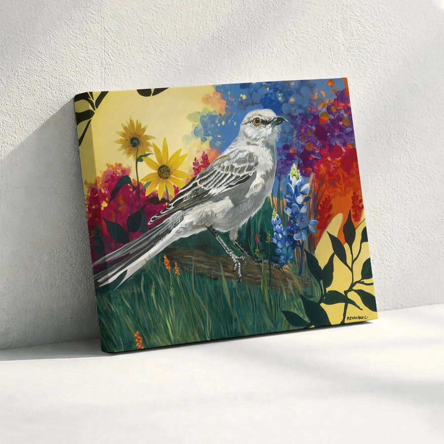 Texas Mockingbird and Bluebonnets Horizontal Canvas | Vibrant Wildflower Painting Style Wall Art | Premium 1.25" Gallery Wrap | Texas Pride Housewarming Gift