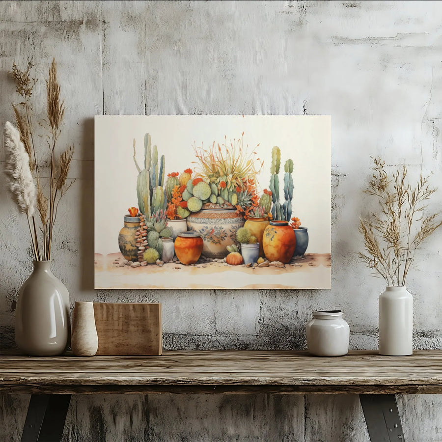 Southwestern Cactus Canvas Wall Art | Desert Succulents in Rustic Pottery | Premium 1.25" Gallery Wrap | Boho Home Decor Gift