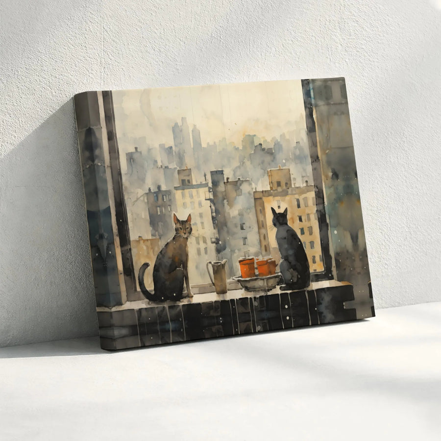 Two Cats on Windowsill Cityscape Canvas Print | Watercolor Urban Art | Premium Gallery Wrapped Decor | Gift for Cat Lovers