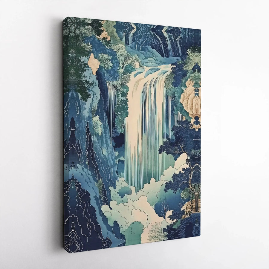 Japanese Waterfall Canvas Wall Art | Hokusai Inspired Ukiyo-e Print | Gallery Wrapped Premium Canvas | Serene Zen Home Decor Gift for Art Lovers