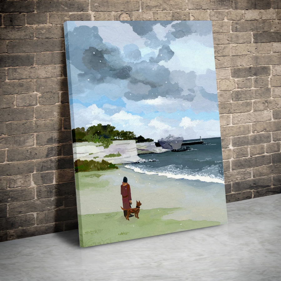 Dog on Beach Vertical Canvas | Painterly Ocean Scene with Woman Walking Dog | Premium Thick Gallery Wrap Print | Coastal Home Decor Gift for Dog Lover