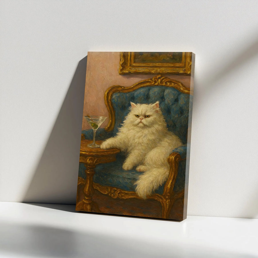 Funny Persian Cat Canvas Wall Art | Cat with Martini Vintage Painting | Premium Gallery Wrap Print | Unique Gift for Cat Lover, Humorous Bar Decor