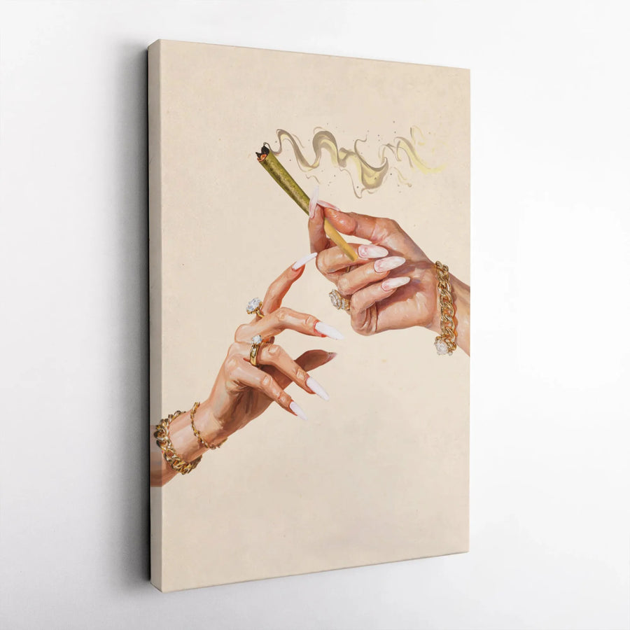 Stoner Aesthetic Wall Art | Chic Hands With Gold Jewelry And Nails Passing Blunt | Gallery-Quality Canvas Print | Premium Home Decor Gift