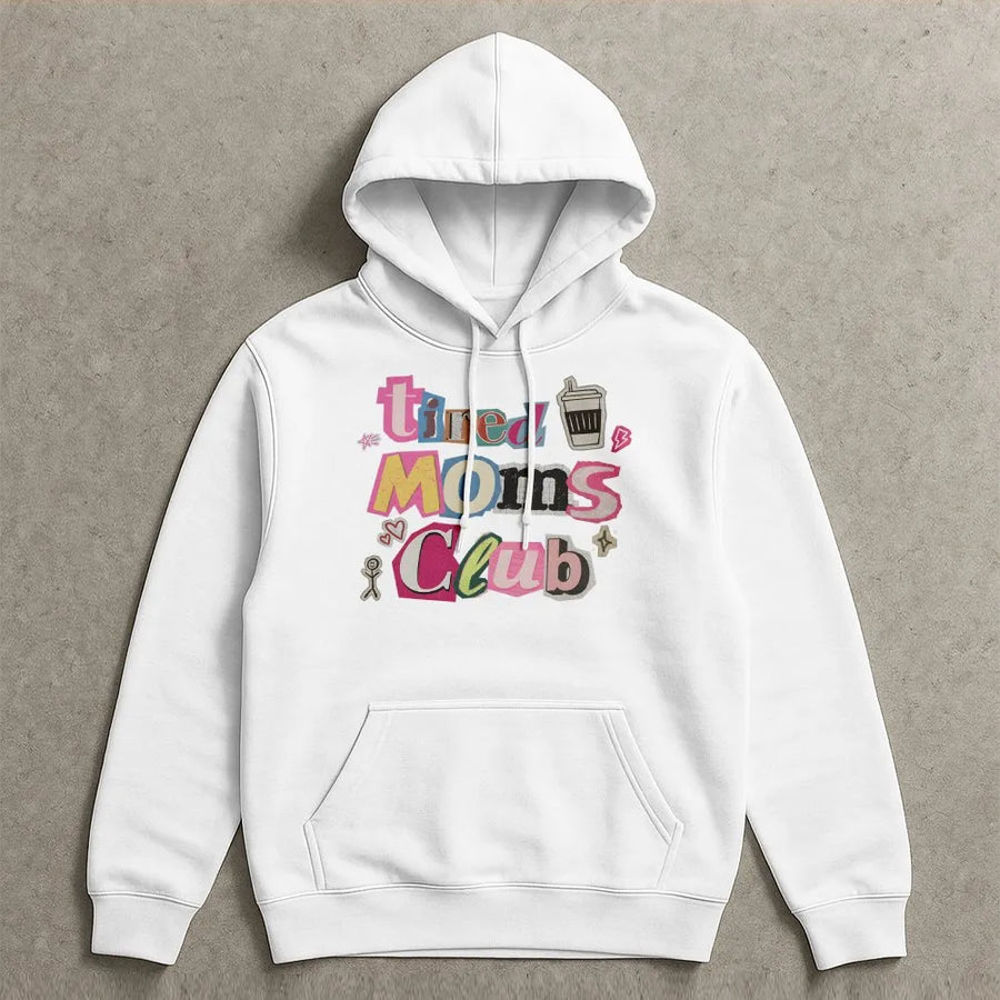 Tired Moms Club Hoodie | Funny Mom Life Pullover with Coffee Graphic | Cozy Cotton Blend | Mothers Day Gift for Her