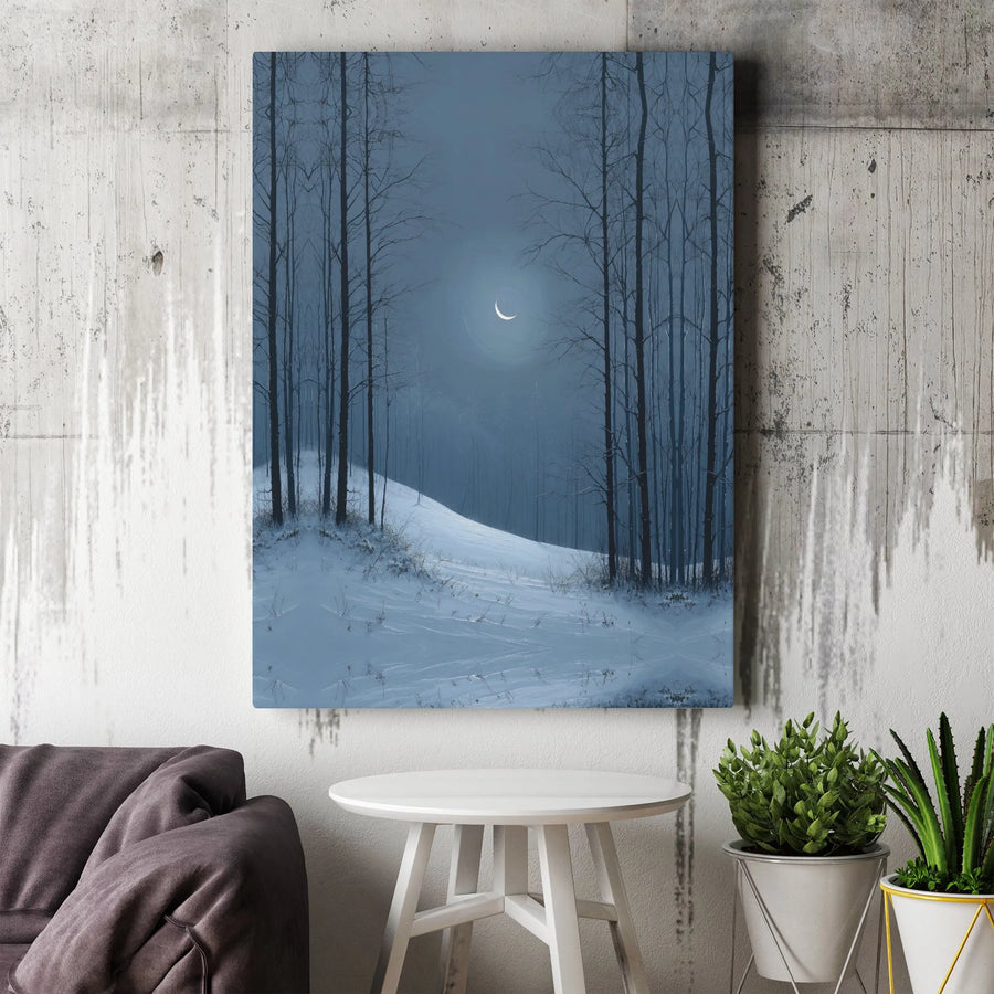 Winter Forest Canvas Wall Art | Snowy Night Landscape with Crescent Moon | Premium Gallery-Wrapped Print | Minimalist Seasonal Home Decor Gift