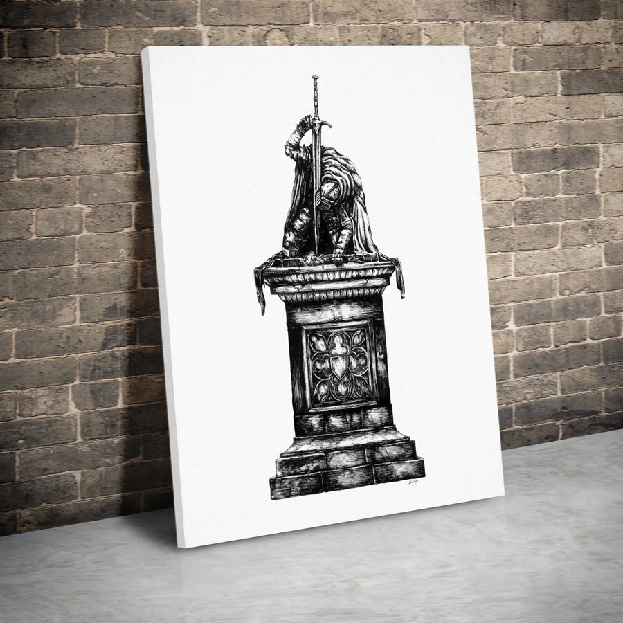 Kneeling Knight Canvas Art | Medieval Sword Gothic Ink Drawing | Gallery Quality Wrapped Print | Fantasy Decor Gift for History Buffs