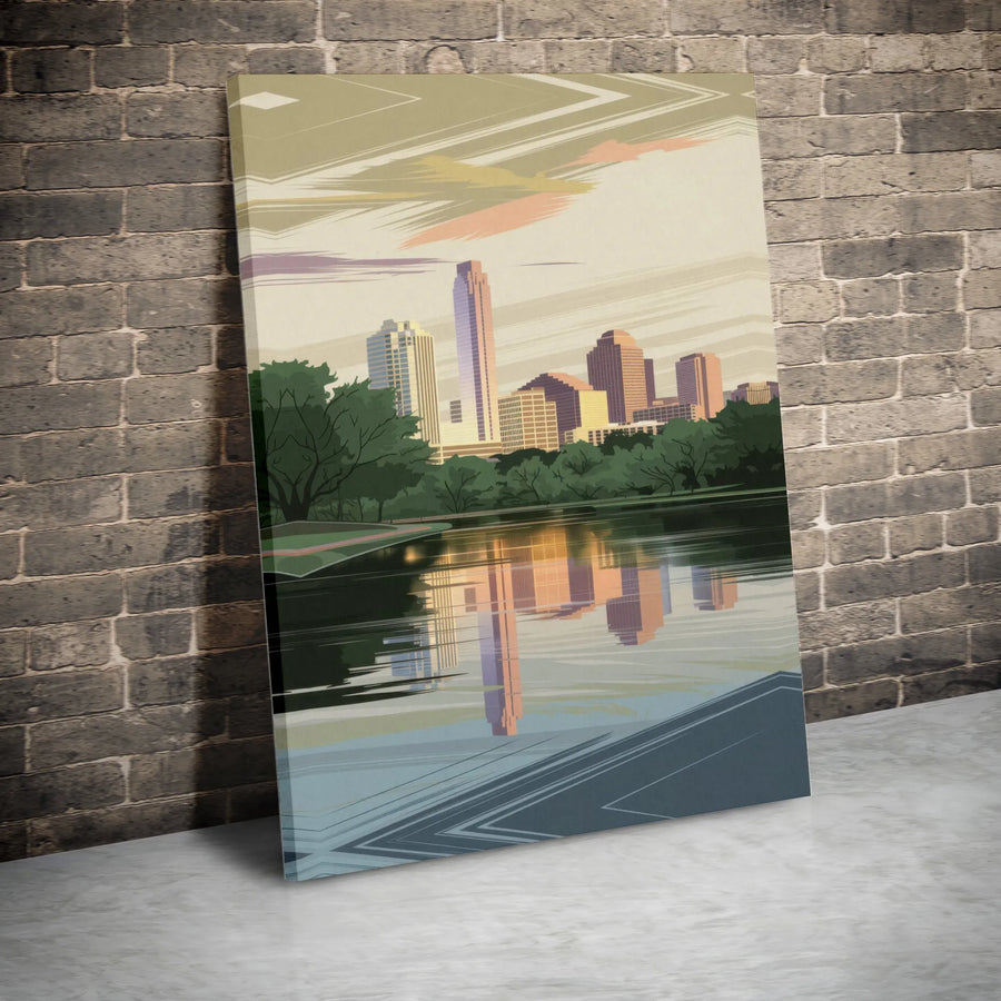Austin Texas Skyline Canvas | Vintage Modern Lake Reflection Art | Gallery Wrapped Premium Wall Decor | Cityscape Travel Gift for Home Office