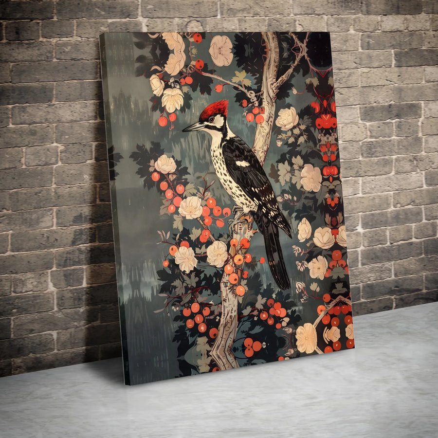 Woodpecker Canvas Wall Art | Botanical Bird Illustration With Red Berries | 1.25" Gallery Wrap Premium Print | Nature Home Decor For Bird Lovers