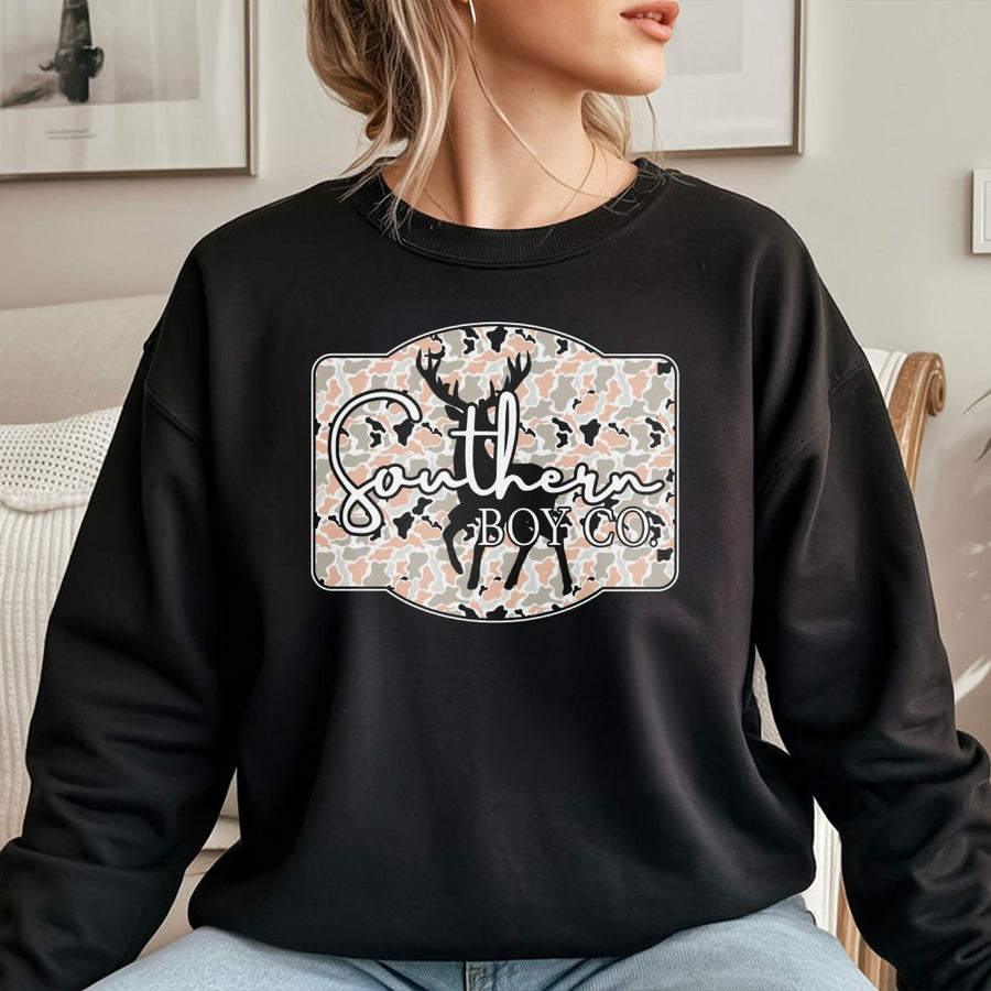 Southern Boy Sweatshirt | Deer Camo Badge Graphic | Premium Cotton Blend Crewneck | Country Style Gift for Men and Boys
