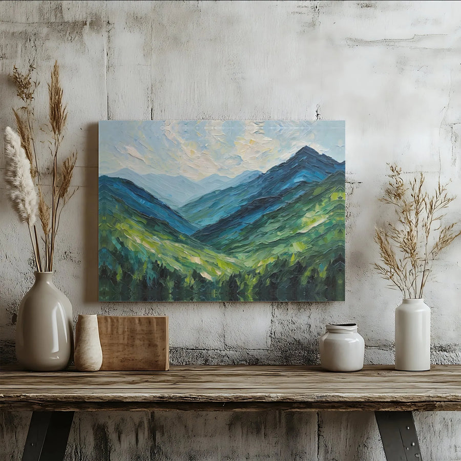 Mountain Landscape Canvas Wall Art | Impasto Oil Painting Style | Premium 1.25 Inch Gallery Wrap | Nature Home Decor Gift for Living Room