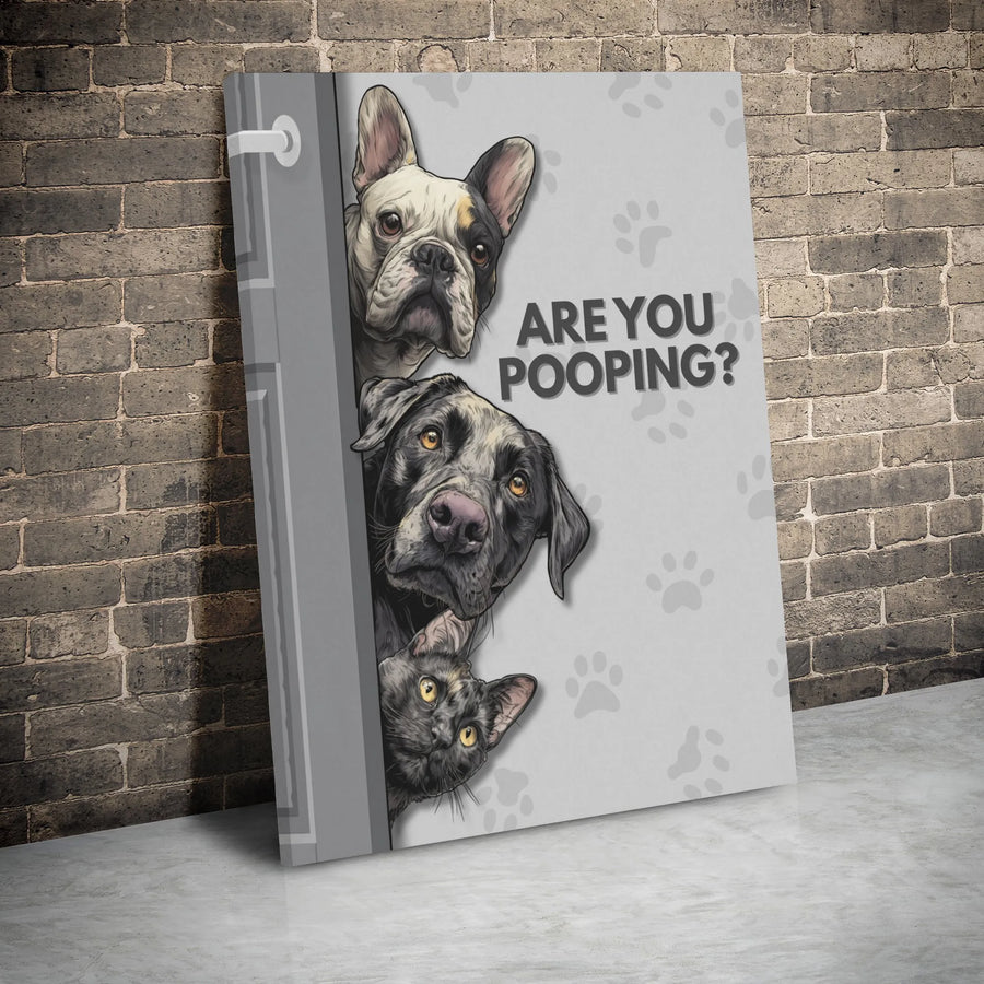 Are You Pooping? Peeking Dogs And Cat Canvas | Funny Bathroom Wall Art | Premium Gallery Wrap Decor | Unique Gift For Pet Lovers