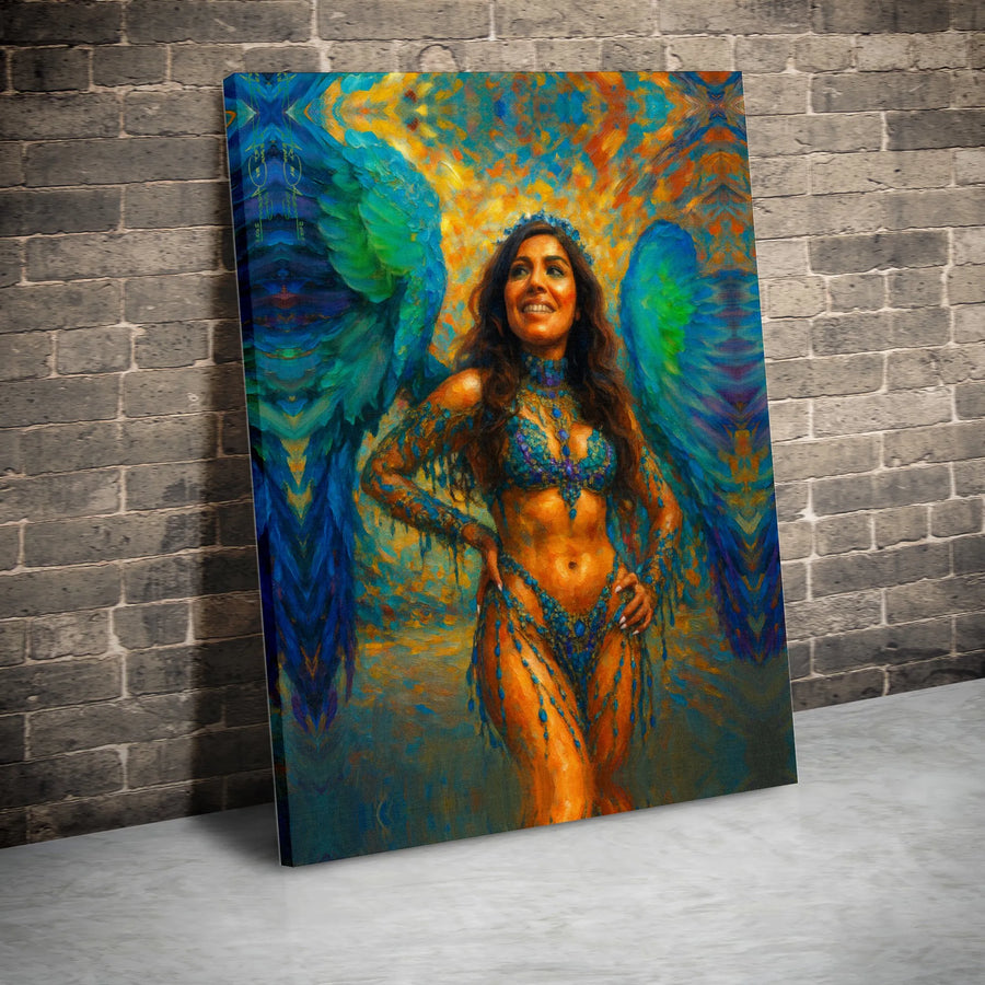 Carnival Angel Canvas Wall Art | Impressionist Woman with Blue Wings | Premium Gallery Wrap Print | Vibrant Spiritual Home Decor Gift