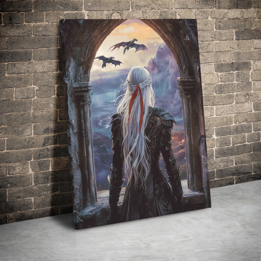 Fantasy Dragon Queen Canvas Wall Art | Warrior Princess Archway View | Premium Gallery Wrap Print | Epic Home Decor Gift for Fantasy Lovers