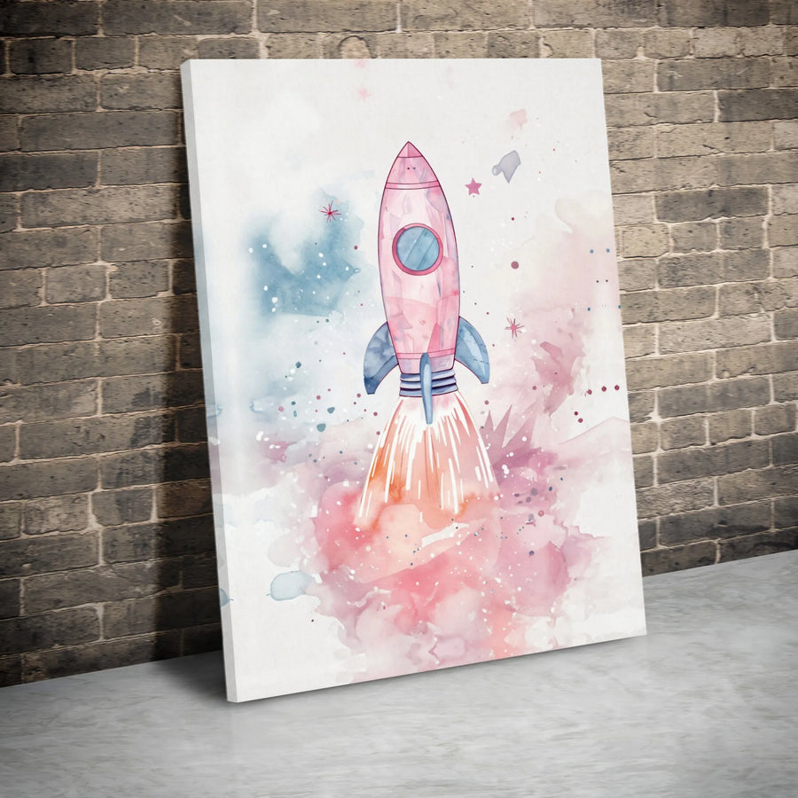 Pink Rocket Ship Canvas Print | Watercolor Space Nursery Wall Art | 1.25-Inch Gallery Wrapped | Premium Kids Room Decor