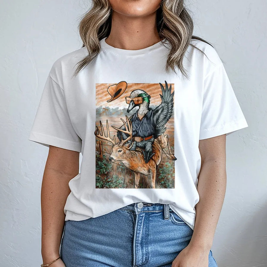 Funny Duck Riding Deer T-Shirt | Tactical Mallard Hunter Graphic | 100% Soft Cotton Tee | Unique Outdoor Gift for Hunters & Wildlife Lovers
