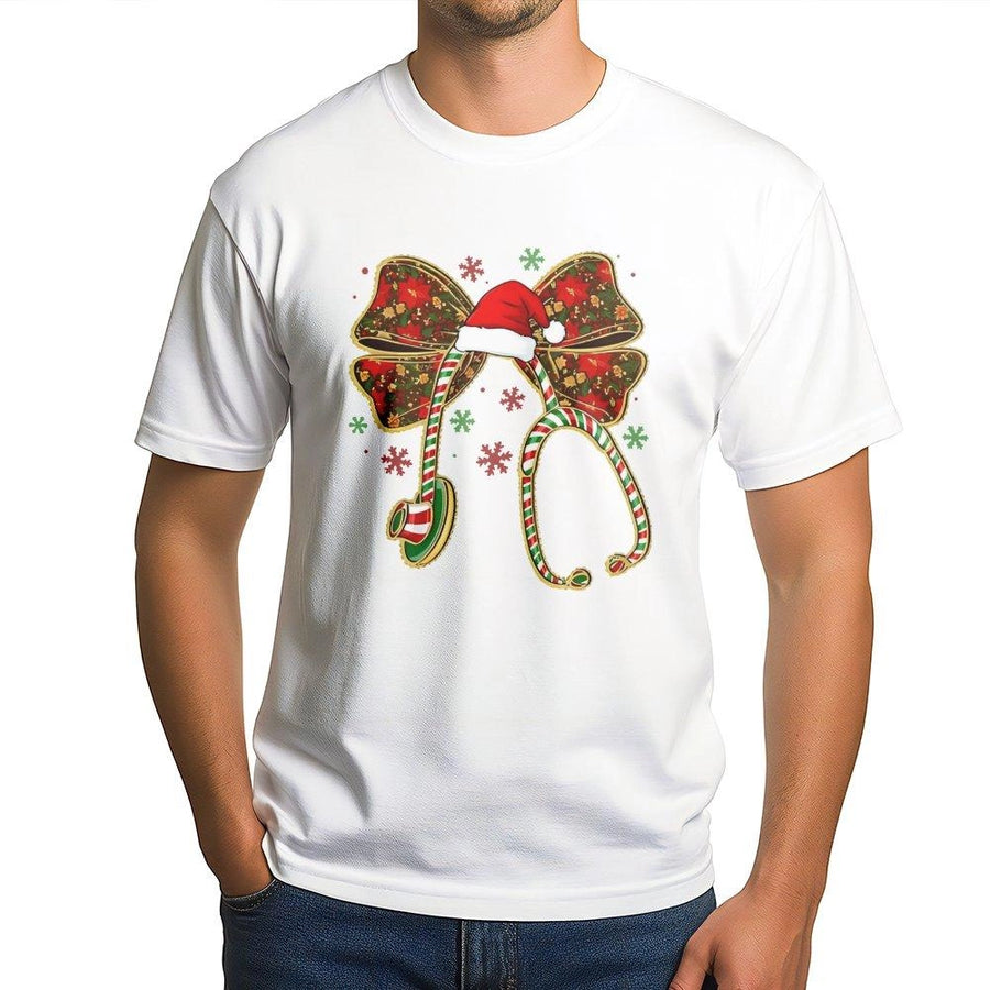 Christmas Nurse T-Shirt | Festive Stethoscope Bow Graphic | Soft 100% Cotton Premium Tee | Unique Holiday Gift for Nurses & Nursing Students
