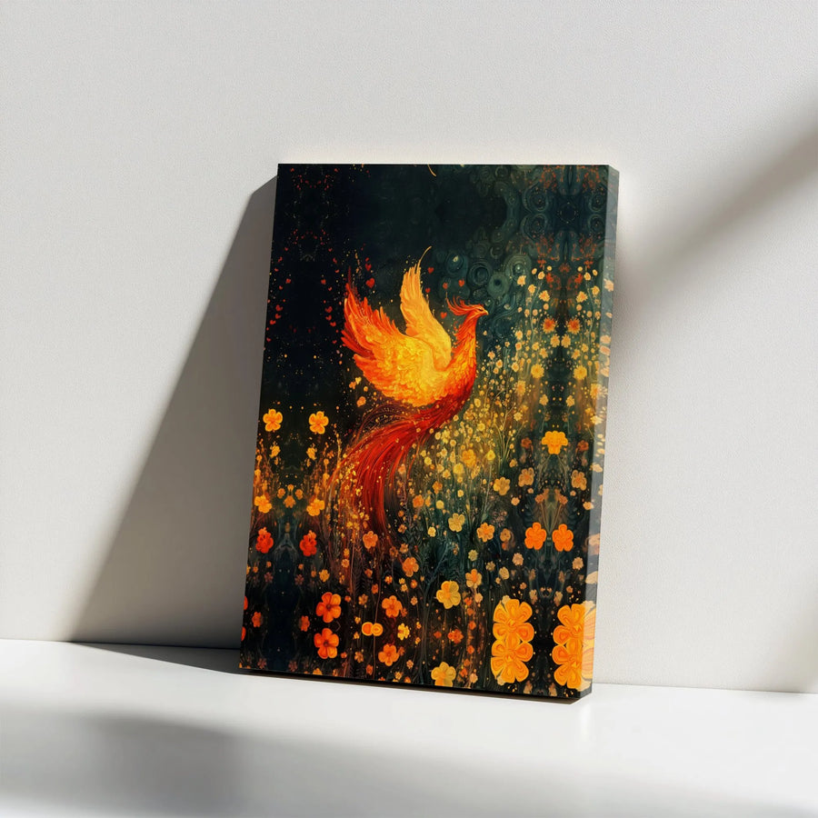 Phoenix Rising Canvas Wall Art | Glowing Fire Bird Botanical Print | Premium 1.25-Inch Gallery Wrap | Mythical Home Decor Gift