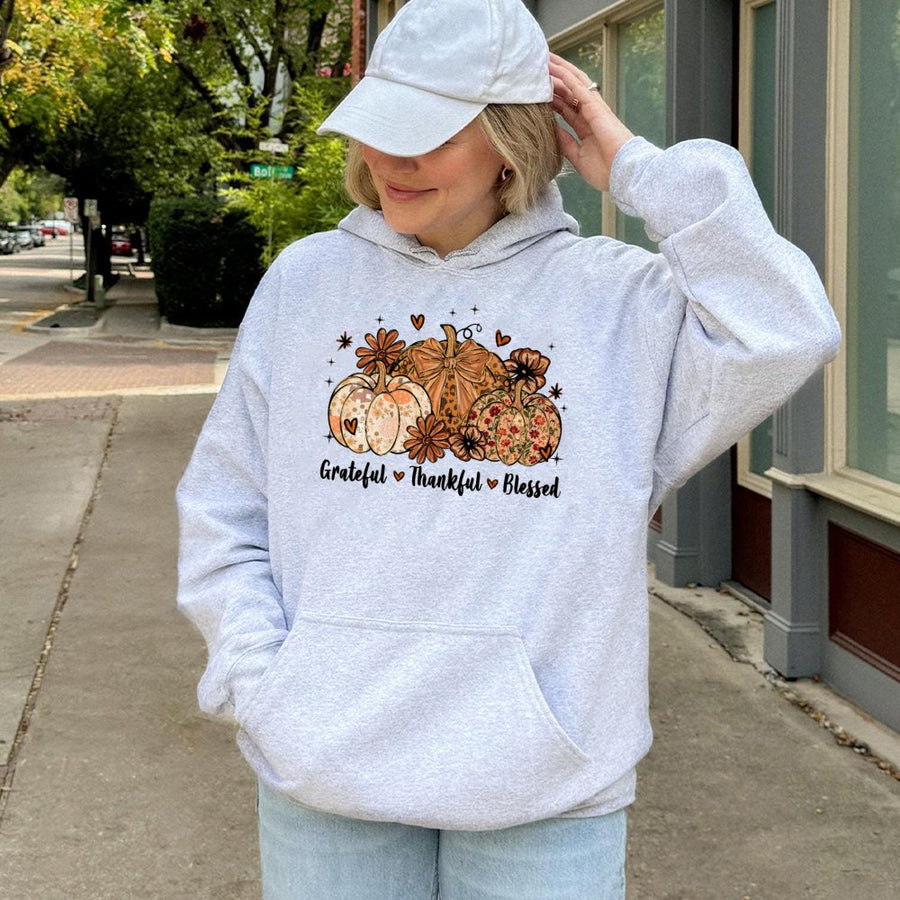 Grateful Thankful Blessed Hoodie | Fall Pumpkin Graphic Print | Soft Cotton-Poly Blend | Thanksgiving Gift for Women & Men