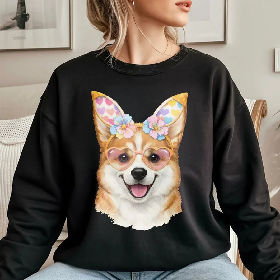 Cute Corgi Easter Sweatshirt | Dog with Bunny Ears & Heart Glasses | Soft Cotton Graphic Tee | Gift for Corgi Mom & Dog Lovers