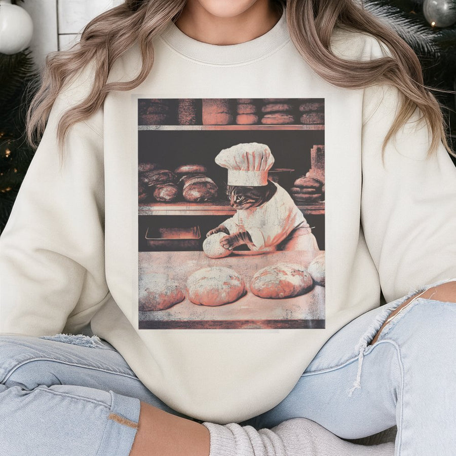 Baker Cat Sweatshirt | Funny Chef Kitten Kneading Dough Graphic | Premium Cotton Blend Crewneck | Cute Foodie Gift for Cat Lovers